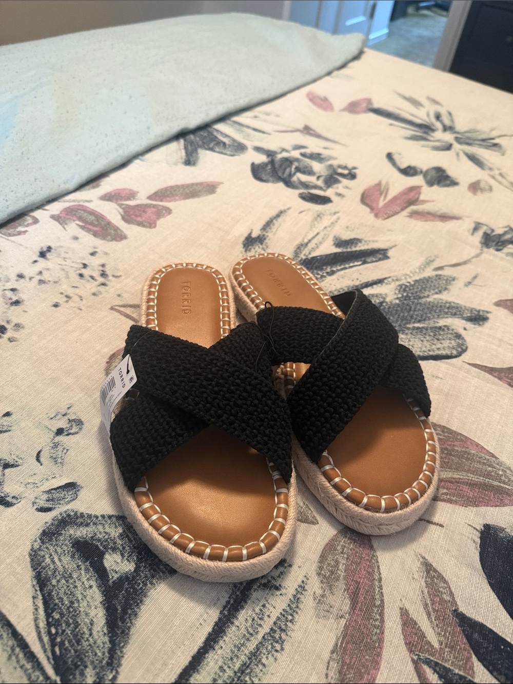torrid Black Crochet Slide Sandals with Tan Footbed